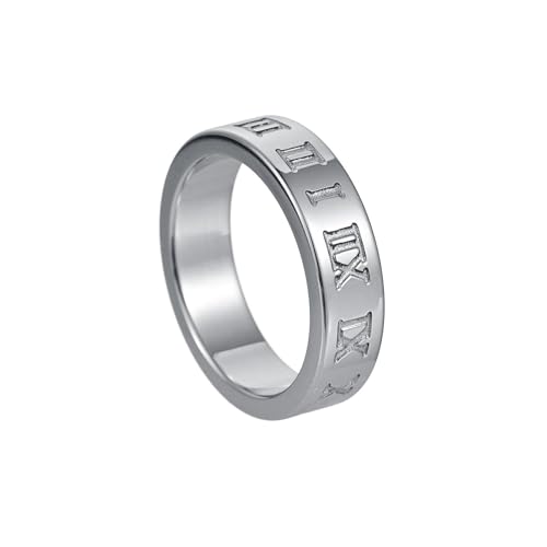 OAKKY Herren Damen Edelstahl Gothic Römische Ziffer Polierte Hochzeit Paar Ring Hip Hop Versprechen Schmuck 6MM Silber Größe 57 (18.1) von OAKKY