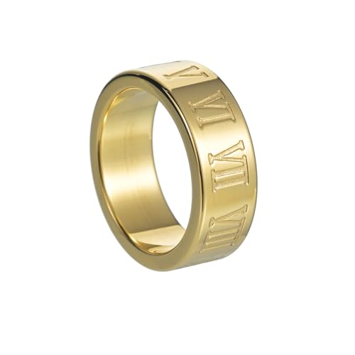 OAKKY Herren Damen Edelstahl Gothic Römische Ziffer Polierte Hochzeit Paar Ring Hip Hop Versprechen Schmuck 8MM Gold Größe 54 (17.2) von OAKKY
