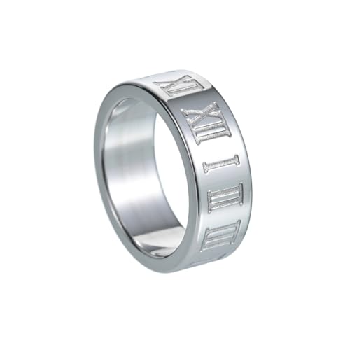 OAKKY Herren Damen Edelstahl Gothic Römische Ziffer Polierte Hochzeit Paar Ring Hip Hop Versprechen Schmuck 8MM Silber Größe 68 (21.6) von OAKKY
