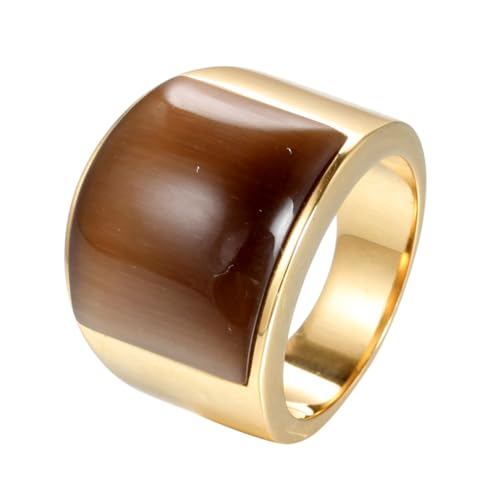 OAKKY Herren Damen Edelstahl Großer Achat Edelstein Geburtsstein Ziron Verlobungsring Charmanter Kristall Cocktail Party Schmuck Gold Brauner Stein Größe 68 (21.6) von OAKKY