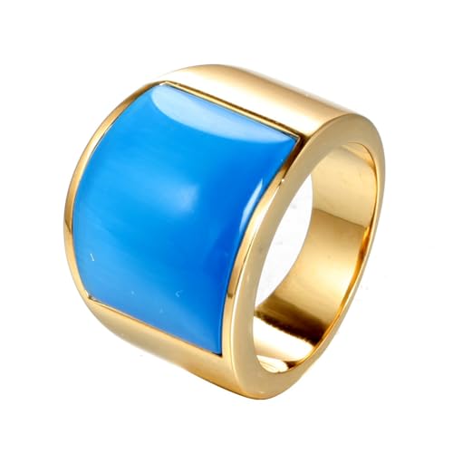 OAKKY Herren Damen Edelstahl Großer Achat Edelstein Geburtsstein Ziron Verlobungsring Charmanter Kristall Cocktail Party Schmuck Gold Himmelblauer Stein Größe 68 (21.6) von OAKKY