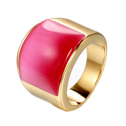 OAKKY Herren Damen Edelstahl Großer Achat Edelstein Geburtsstein Ziron Verlobungsring Charmanter Kristall Cocktail Party Schmuck Gold Rosa Stein Größe 57 (18.1) von OAKKY