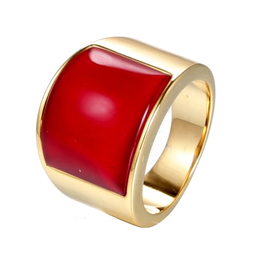 OAKKY Herren Damen Edelstahl Großer Achat Edelstein Geburtsstein Ziron Verlobungsring Charmanter Kristall Cocktail Party Schmuck Gold Rot Stein Größe 68 (21.6) von OAKKY