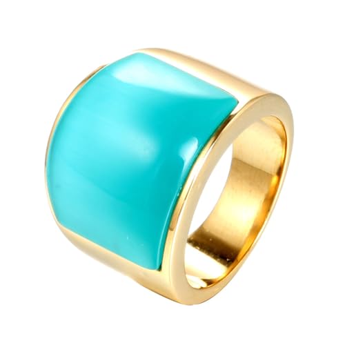 OAKKY Herren Damen Edelstahl Großer Achat Edelstein Geburtsstein Ziron Verlobungsring Charmanter Kristall Cocktail Party Schmuck Goldsee Blaustein Größe 68 (21.6) von OAKKY