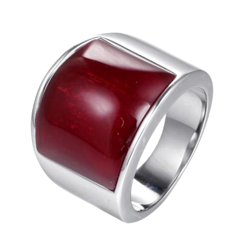 OAKKY Herren Damen Edelstahl Großer Achat Edelstein Geburtsstein Ziron Verlobungsring Charmanter Kristall Cocktail Party Schmuck Silber Rot Stein Größe 54 (17.2) von OAKKY