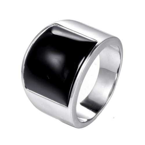 OAKKY Herren Damen Edelstahl Großer Achat Edelstein Geburtsstein Ziron Verlobungsring Charmanter Kristall Cocktail Party Schmuck Silber Schwarz Stein Größe 60 (19.1) von OAKKY