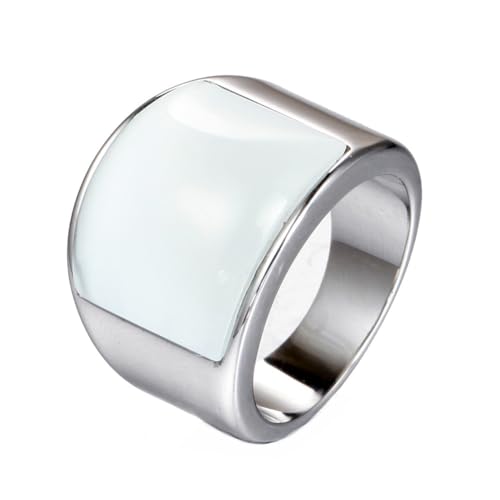 OAKKY Herren Damen Edelstahl Großer Achat Edelstein Geburtsstein Ziron Verlobungsring Charmanter Kristall Cocktail Party Schmuck Silber Weiß Stein Größe 57 (18.1) von OAKKY