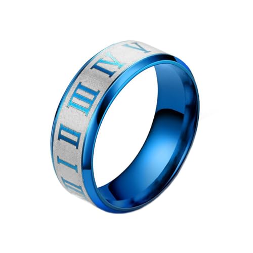 OAKKY Herren Damen Edelstahl Hip Hop 8MM Römische Ziffer Paar Verlobungsring Abgeschrägte Kante Comfort Fit Blau Größe 57 (18.1) von OAKKY