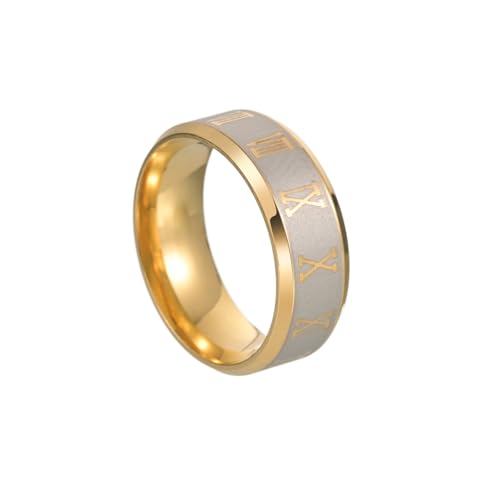 OAKKY Herren Damen Edelstahl Hip Hop 8MM Römische Ziffer Paar Verlobungsring Abgeschrägte Kante Comfort Fit Gold Größe 62 (19.7) von OAKKY