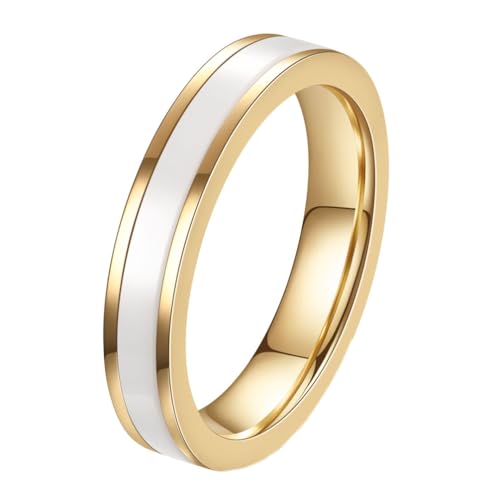 OAKKY Herren Damen Edelstahl Minimalistischer Einreihiger Keramischer Verlobungsring 4MM Vergoldeter Verlobungsring 54 (17.2) Größe Weiß von OAKKY