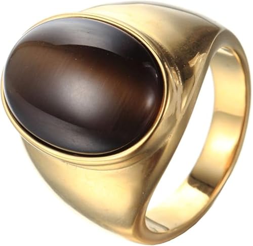 OAKKY Herren Damen Edelstahl Oval Mehrfarbig Edelstein Ring Klassisch Einfach Schlicht Hochzeit Verlobung Schmuck Gold Braun Größe 65 (20.7) von OAKKY