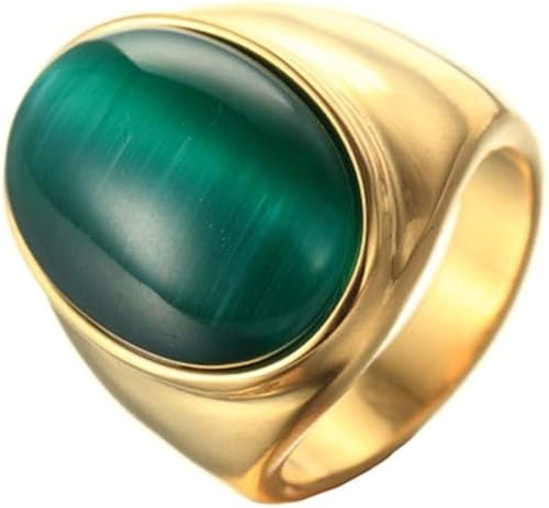 OAKKY Herren Damen Edelstahl Oval Mehrfarbig Edelstein Ring Klassisch Einfach Schlicht Hochzeit Verlobung Schmuck Gold Dunkelgrün Größe 60 (19.1) von OAKKY