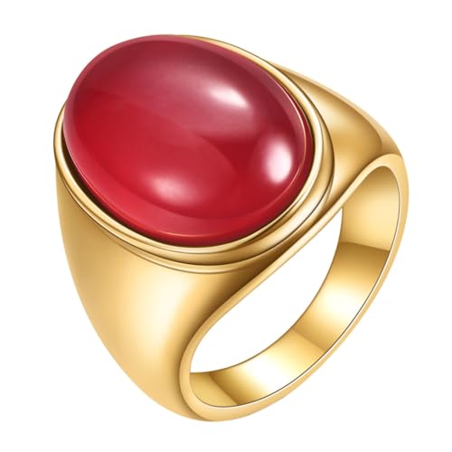 OAKKY Herren Damen Edelstahl Oval Mehrfarbig Edelstein Ring Klassisch Einfach Schlicht Hochzeit Verlobung Schmuck Gold Rot Größe 60 (19.1) von OAKKY