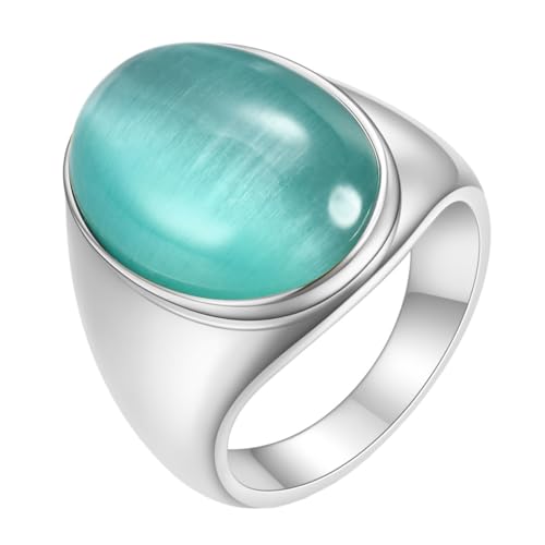 OAKKY Herren Damen Edelstahl Oval Mehrfarbig Edelstein Ring Klassisch Einfach Schlicht Hochzeit Verlobung Schmuck Silber Seeblau Größe 68 (21.6) von OAKKY