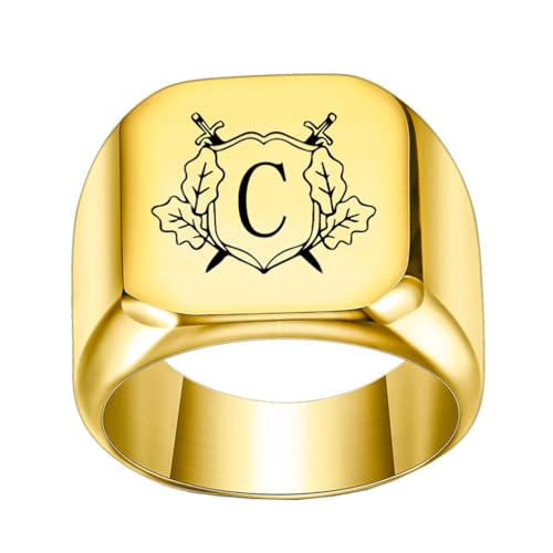 OAKKY Herren Damen Edelstahl Personalisiert Doppelschwert Schild Alphabet A bis Z Initialen Ringe Schmuck Gold C Größe 54 (17.2) von OAKKY