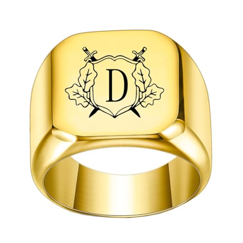 OAKKY Herren Damen Edelstahl Personalisiert Doppelschwert Schild Alphabet A bis Z Initialen Ringe Schmuck Gold D Größe 52 (16.6) von OAKKY