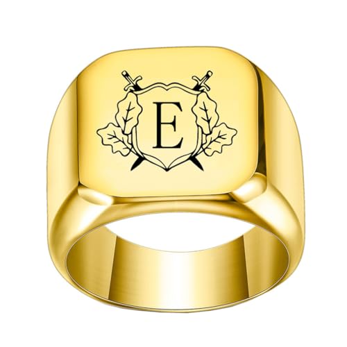 OAKKY Herren Damen Edelstahl Personalisiert Doppelschwert Schild Alphabet A bis Z Initialen Ringe Schmuck Gold E Größe 72 (22.9) von OAKKY