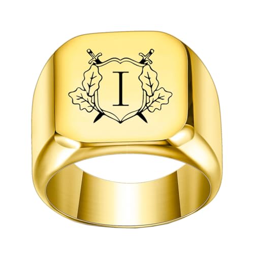 OAKKY Herren Damen Edelstahl Personalisiert Doppelschwert Schild Alphabet A bis Z Initialen Ringe Schmuck Gold I Größe 72 (22.9) von OAKKY