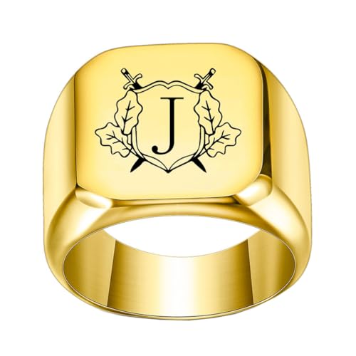 OAKKY Herren Damen Edelstahl Personalisiert Doppelschwert Schild Alphabet A bis Z Initialen Ringe Schmuck Gold J Größe 70 (22.3) von OAKKY