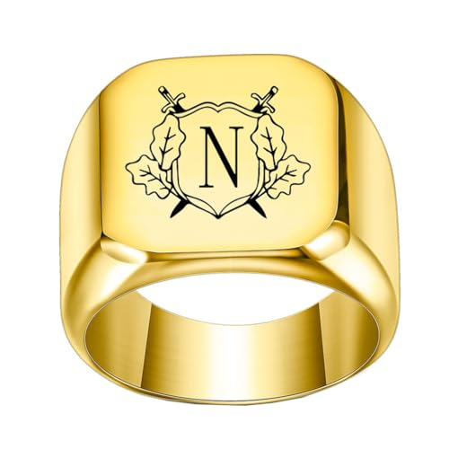 OAKKY Herren Damen Edelstahl Personalisiert Doppelschwert Schild Alphabet A bis Z Initialen Ringe Schmuck Gold N Größe 52 (16.6) von OAKKY