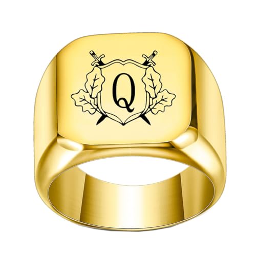OAKKY Herren Damen Edelstahl Personalisiert Doppelschwert Schild Alphabet A bis Z Initialen Ringe Schmuck Gold Q Größe 65 (20.7) von OAKKY