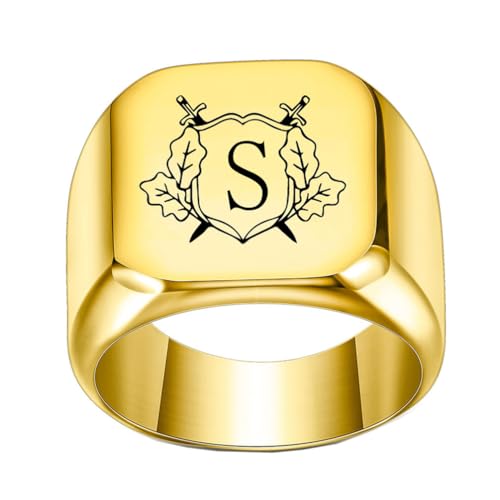 OAKKY Herren Damen Edelstahl Personalisiert Doppelschwert Schild Alphabet A bis Z Initialen Ringe Schmuck Gold S Größe 60 (19.1) von OAKKY