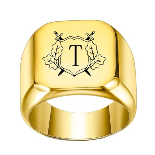 OAKKY Herren Damen Edelstahl Personalisiert Doppelschwert Schild Alphabet A bis Z Initialen Ringe Schmuck Gold T Größe 50 (15.9) von OAKKY