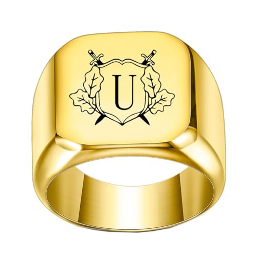 OAKKY Herren Damen Edelstahl Personalisiert Doppelschwert Schild Alphabet A bis Z Initialen Ringe Schmuck Gold U Größe 60 (19.1) von OAKKY