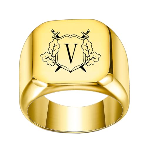 OAKKY Herren Damen Edelstahl Personalisiert Doppelschwert Schild Alphabet A bis Z Initialen Ringe Schmuck Gold V Größe 50 (15.9) von OAKKY