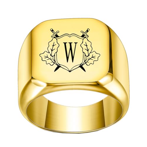 OAKKY Herren Damen Edelstahl Personalisiert Doppelschwert Schild Alphabet A bis Z Initialen Ringe Schmuck Gold W Größe 60 (19.1) von OAKKY