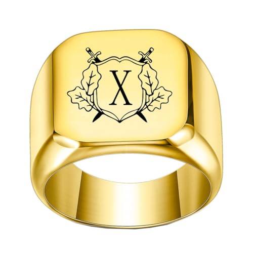 OAKKY Herren Damen Edelstahl Personalisiert Doppelschwert Schild Alphabet A bis Z Initialen Ringe Schmuck Gold X Größe 50 (15.9) von OAKKY