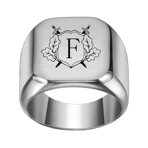 OAKKY Herren Damen Edelstahl Personalisiert Doppelschwert Schild Alphabet A bis Z Initialen Ringe Schmuck Silber F Größe 68 (21.6) von OAKKY