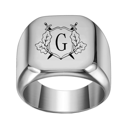 OAKKY Herren Damen Edelstahl Personalisiert Doppelschwert Schild Alphabet A bis Z Initialen Ringe Schmuck Silber G Größe 70 (22.3) von OAKKY