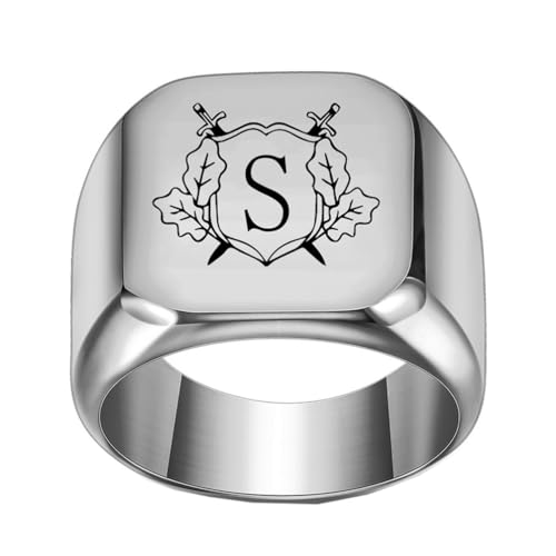 OAKKY Herren Damen Edelstahl Personalisiert Doppelschwert Schild Alphabet A bis Z Initialen Ringe Schmuck Silber S Größe 60 (19.1) von OAKKY