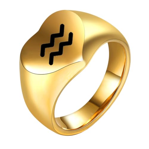 OAKKY Herren Damen Edelstahl Pfirsich Herz Glatt Tierkreis Tier Ring Hochzeit Verlobung Statement Schmuck Gold Wassermann Größe 57 (18.1) von OAKKY
