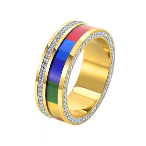 OAKKY Herren Damen Edelstahl Regenbogen Pride Ring Umfang Sticky Diamond Versprechen Statement Gold Größe 60 (19.1) von OAKKY