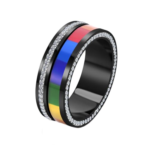 OAKKY Herren Damen Edelstahl Regenbogen Pride Ring Umfang Sticky Diamond Versprechen Statement Schwarz Größe 65 (20.7) von OAKKY