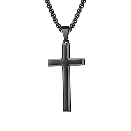 OAKKY Herren Damen Edelstahl Silber Gold Schwarz Einfaches Kreuz mit Schräger Kante Anhänger Halskette Einfacher Schmuck Geschenke Schwarz von OAKKY