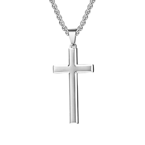 OAKKY Herren Damen Edelstahl Silber Gold Schwarz Einfaches Kreuz mit Schräger Kante Anhänger Halskette Einfacher Schmuck Geschenke Silber von OAKKY