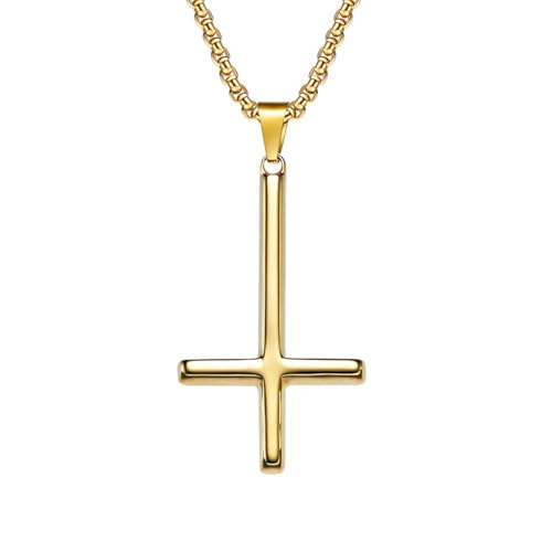 OAKKY Herren Damen Edelstahl Silber Gold Schwarz Einfaches Umgekehrtes Kreuz Anhänger Halskette Einfacher Schmuck Geschenke Gold von OAKKY