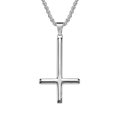 OAKKY Herren Damen Edelstahl Silber Gold Schwarz Einfaches Umgekehrtes Kreuz Anhänger Halskette Einfacher Schmuck Geschenke Silber von OAKKY