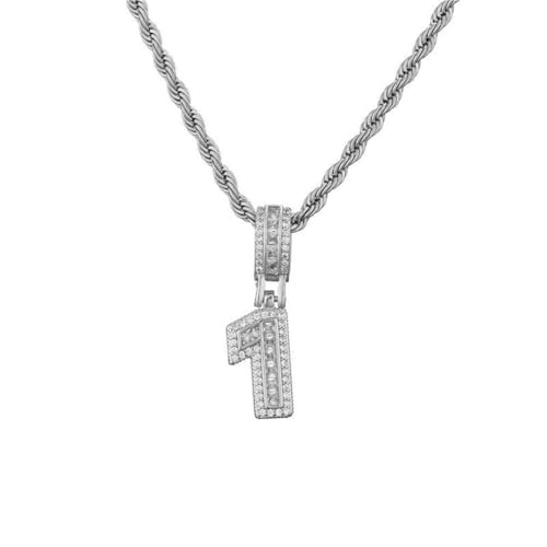 OAKKY Herren Damen Edelstahl Zirkonia Ziffer 0-9 Halskette Klassisch Trendiger Pullover-Kettenanhänger Geburtstagsschmuck Geschenk Silber Nummer 1 von OAKKY