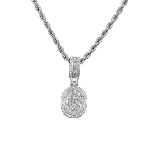 OAKKY Herren Damen Edelstahl Zirkonia Ziffer 0-9 Halskette Klassisch Trendiger Pullover-Kettenanhänger Geburtstagsschmuck Geschenk Silber Nummer 6 von OAKKY