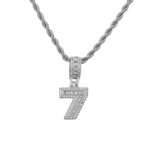 OAKKY Herren Damen Edelstahl Zirkonia Ziffer 0-9 Halskette Klassisch Trendiger Pullover-Kettenanhänger Geburtstagsschmuck Geschenk Silber Nummer 7 von OAKKY
