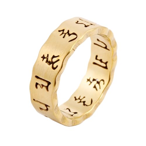 OAKKY Herren Damen Hohlring Vintage Buddhistische Die Sechs-Silben-Mantra Om Mani Padme Hum Schriftringe Band Edelstahl Gold Größe 62 (19.7) von OAKKY