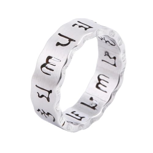 OAKKY Herren Damen Hohlring Vintage Buddhistische Die Sechs-Silben-Mantra Om Mani Padme Hum Schriftringe Band Edelstahl Silber Größe 62 (19.7) von OAKKY