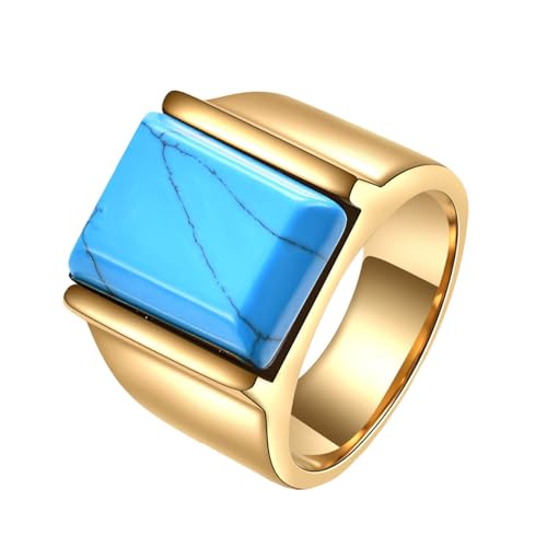 OAKKY Herren Edelstahl 10MM Quadratischer Edelstein Kristall Intarsien Plain Verlobungsring Vergoldet Glänzender Ehering Gold Blau-Stein Größe 65(20.7) von OAKKY
