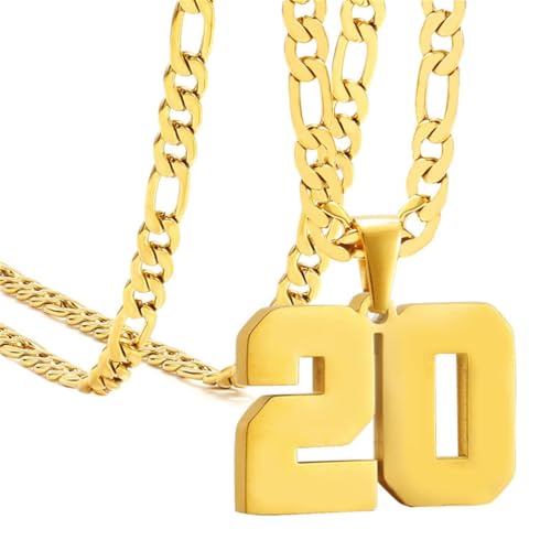 OAKKY Herren Edelstahl Athleten Nummer 00-99 Halsketten Sport Anhänger Kette Baseball/Basketball/Fußball Team Inspiration Schmuck Gold Nummer 20 von OAKKY