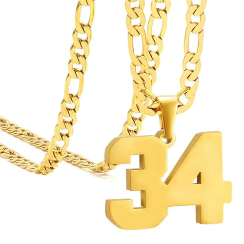 OAKKY Herren Edelstahl Athleten Nummer 00-99 Halsketten Sport Anhänger Kette Baseball/Basketball/Fußball Team Inspiration Schmuck Gold Nummer 34 von OAKKY