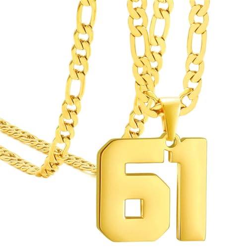 OAKKY Herren Edelstahl Athleten Nummer 00-99 Halsketten Sport Anhänger Kette Baseball/Basketball/Fußball Team Inspiration Schmuck Gold Nummer 61 von OAKKY
